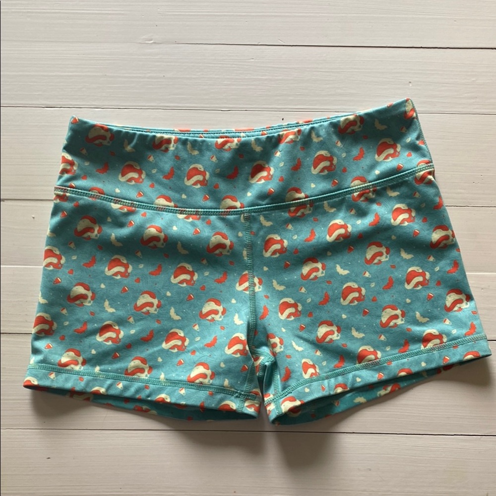 Lab MFG Hot Yoga Shorts Teal with Halloween Print Patterned Shorts